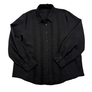 Womens Linen Blend Pleated Blouse Long Sleeves Lagenlook Minimalist Black XXL